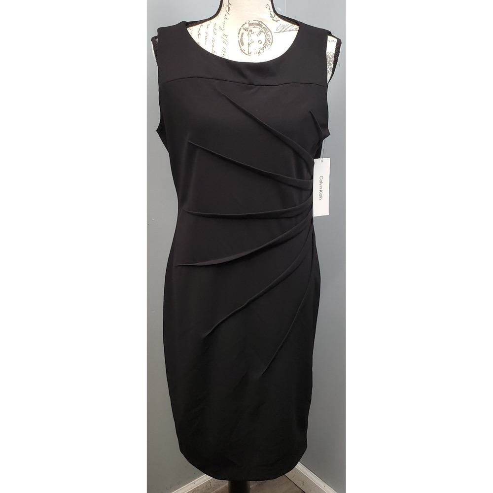 Calvin Klein Sheath Dress Womens 12 Black Side Ruched Sleeveless Cocktail Formal